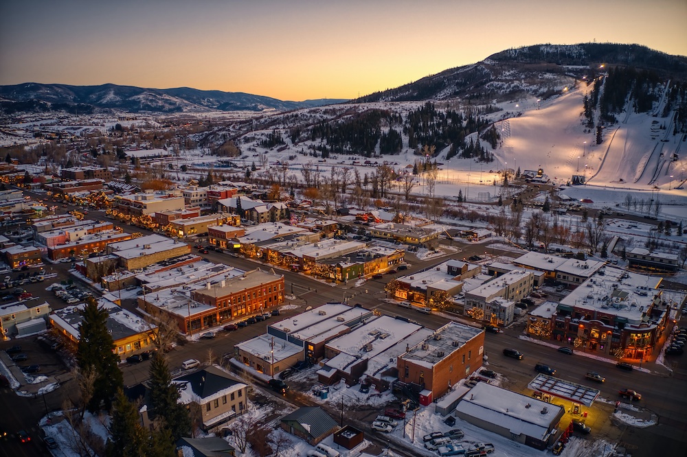 Steamboat town at night during the winter